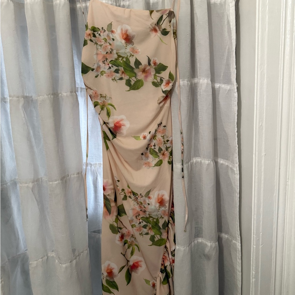 Zara Cream Midi Dress with Pink Floral Design